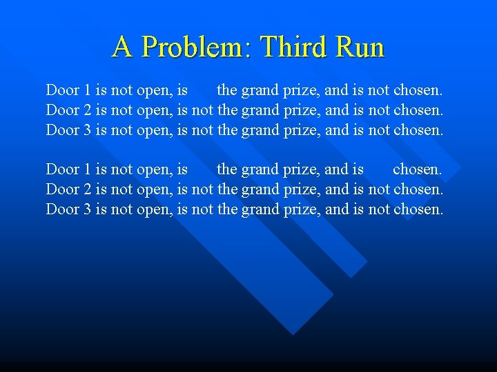 A Problem: Third Run Door 1 is not open, is the grand prize, and