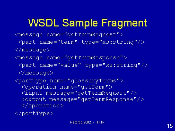 WSDL Sample Fragment <message name="get. Term. Request"> <part name="term" type="xs: string"/> </message> <message name="get.