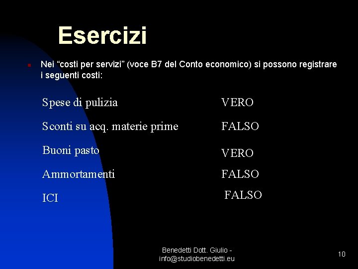 Esercizi n Nei “costi per servizi” (voce B 7 del Conto economico) si possono