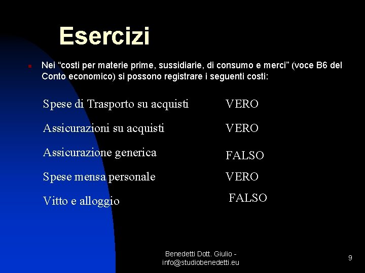 Esercizi n Nei “costi per materie prime, sussidiarie, di consumo e merci” (voce B