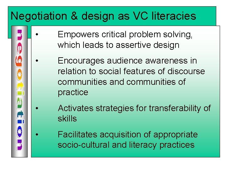 Negotiation & design as VC literacies • Discourse Empowers critical problem solving, Communities of
