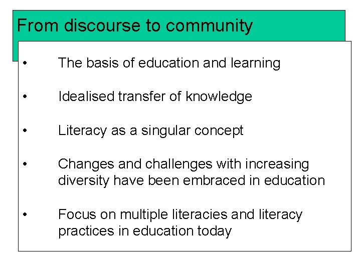 From discourse to community • The basis of education and learning • Idealised transfer