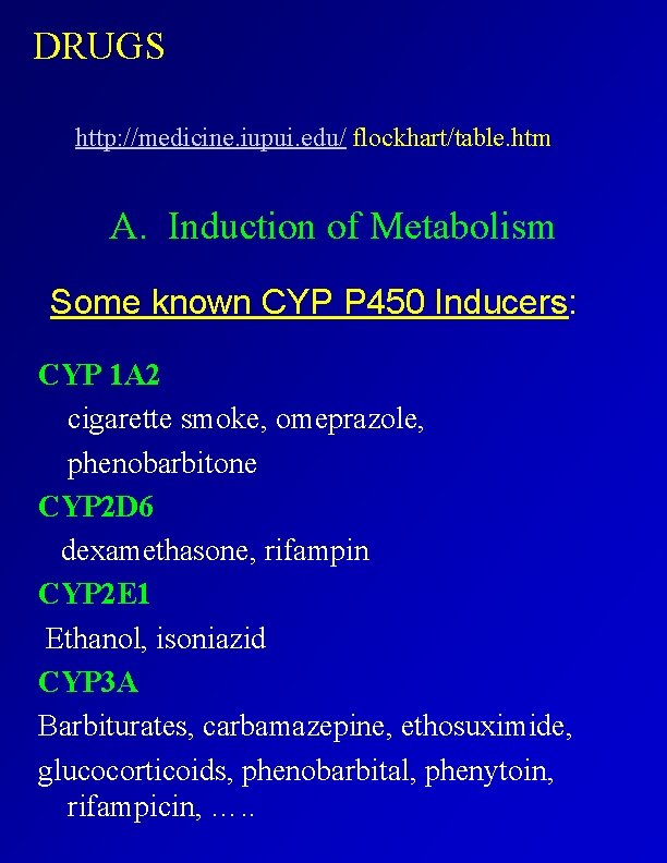 DRUGS http: //medicine. iupui. edu/ flockhart/table. htm A. Induction of Metabolism Some known CYP