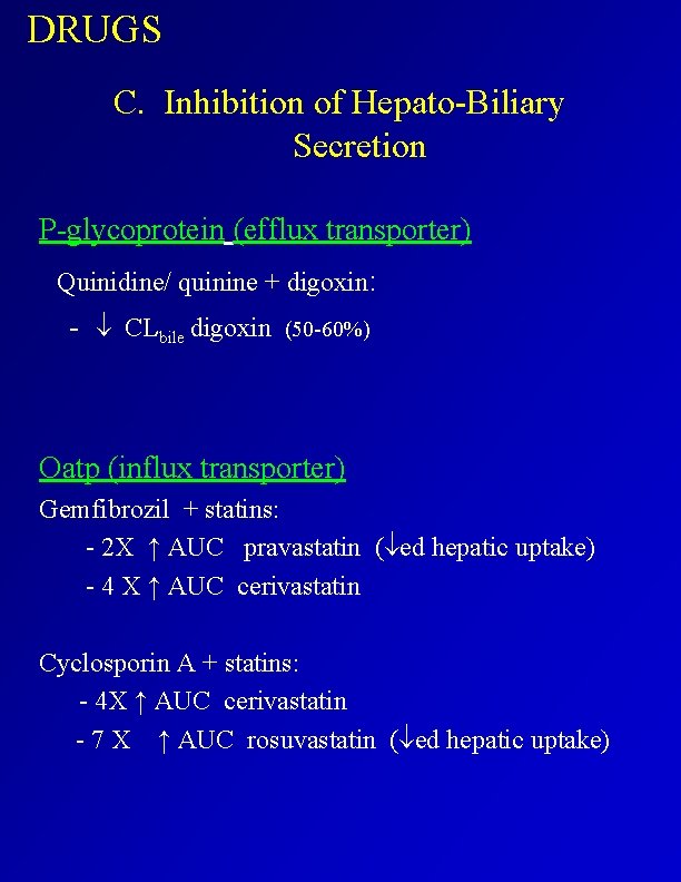 DRUGS C. Inhibition of Hepato-Biliary Secretion P-glycoprotein (efflux transporter) Quinidine/ quinine + digoxin: -