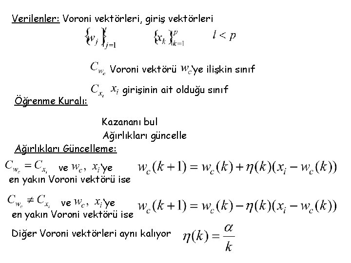 Verilenler: Voroni vektörleri, giriş vektörleri Voroni vektörü Öğrenme Kuralı: ‘ye ilişkin sınıf girişinin ait