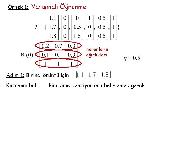 Örnek 1: Yarışmalı Öğrenme nöronların ağırlıkları Adım 1: Birinci örüntü için Kazananı bul kime