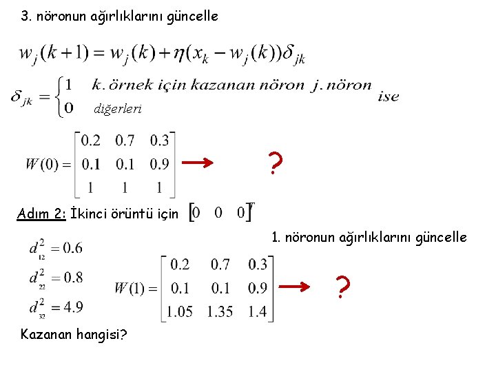 3. nöronun ağırlıklarını güncelle diğerleri ? Adım 2: İkinci örüntü için 1. nöronun ağırlıklarını