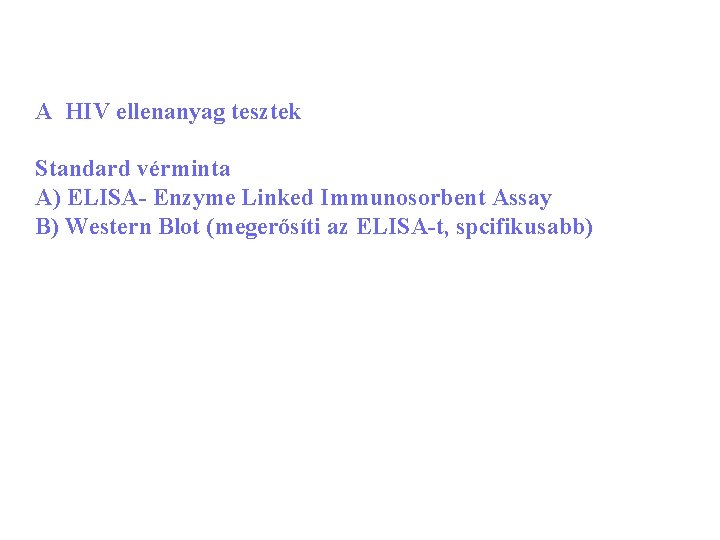 A HIV ellenanyag tesztek Standard vérminta A) ELISA- Enzyme Linked Immunosorbent Assay B) Western