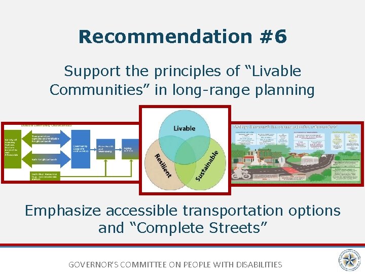 Recommendation #6 Support the principles of “Livable Communities” in long-range planning Emphasize accessible transportation