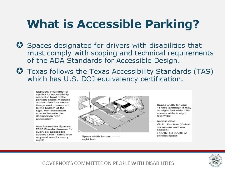 What is Accessible Parking? Spaces designated for drivers with disabilities that must comply with