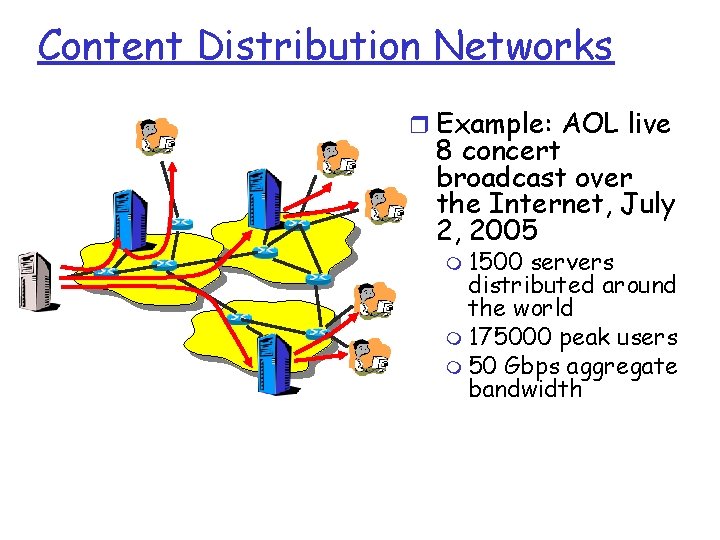 Content Distribution Networks r Example: AOL live 8 concert broadcast over the Internet, July