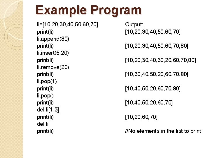 Example Program li=[10, 20, 30, 40, 50, 60, 70] print(li) li. append(80) print(li) li.