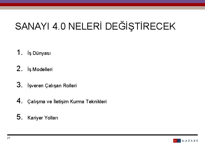 SANAYI 4. 0 NELERİ DEĞİŞTİRECEK 21 1. İş Dünyası 2. İş Modelleri 3. İşveren