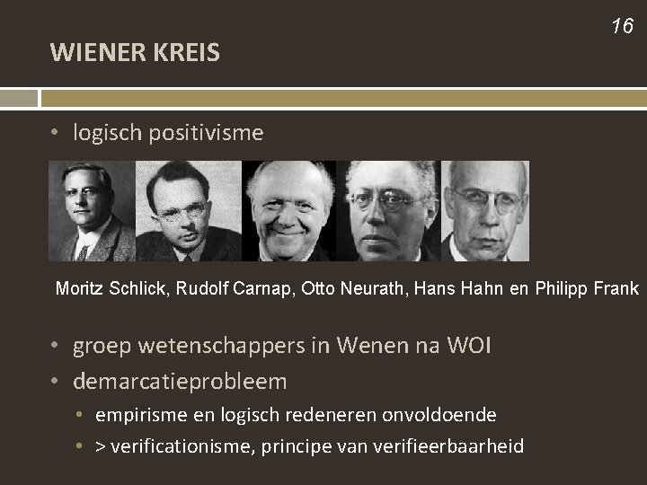 WIENER KREIS 16 • logisch positivisme Moritz Schlick, Rudolf Carnap, Otto Neurath, Hans Hahn
