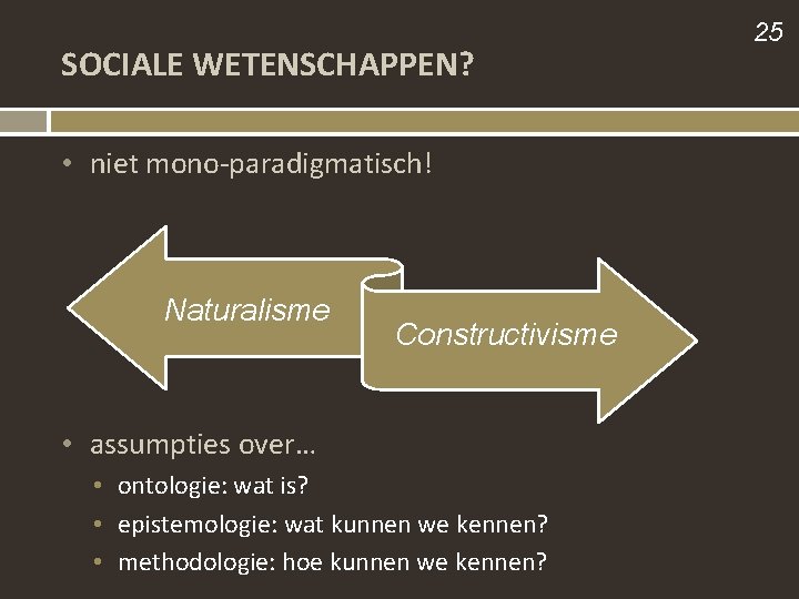 SOCIALE WETENSCHAPPEN? • niet mono-paradigmatisch! Naturalisme Constructivisme • assumpties over… • ontologie: wat is?