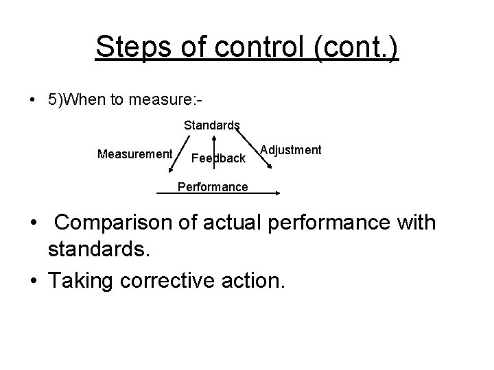 Steps of control (cont. ) • 5)When to measure: Standards Measurement Feedback Adjustment Performance