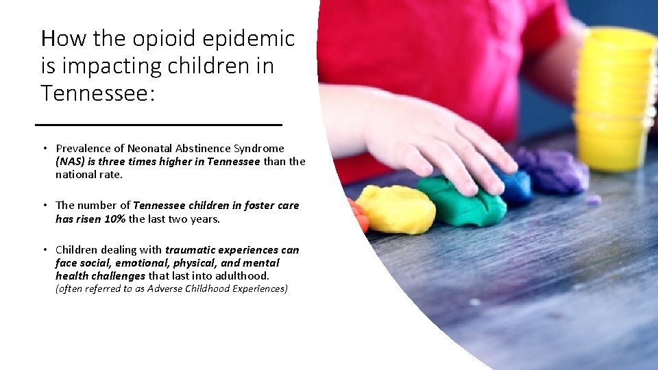 How the opioid epidemic is impacting children in Tennessee: • Prevalence of Neonatal Abstinence