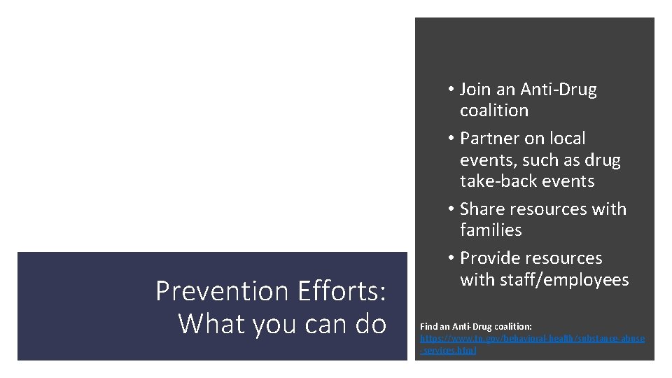 Prevention Efforts: What you can do • Join an Anti-Drug coalition • Partner on