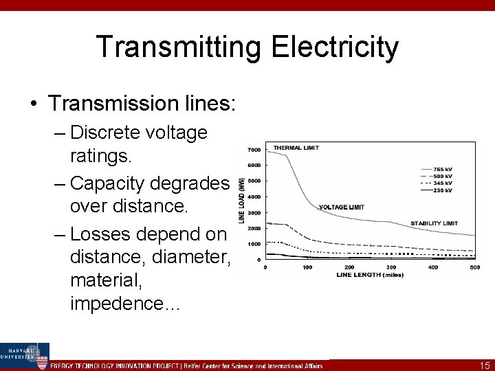 Transmitting Electricity • Transmission lines: – Discrete voltage ratings. – Capacity degrades over distance.
