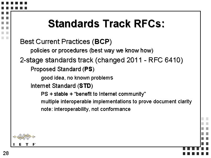 Standards Track RFCs: Best Current Practices (BCP) policies or procedures (best way we know