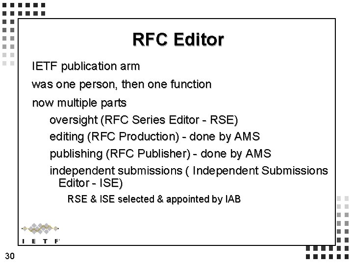 RFC Editor IETF publication arm was one person, then one function now multiple parts