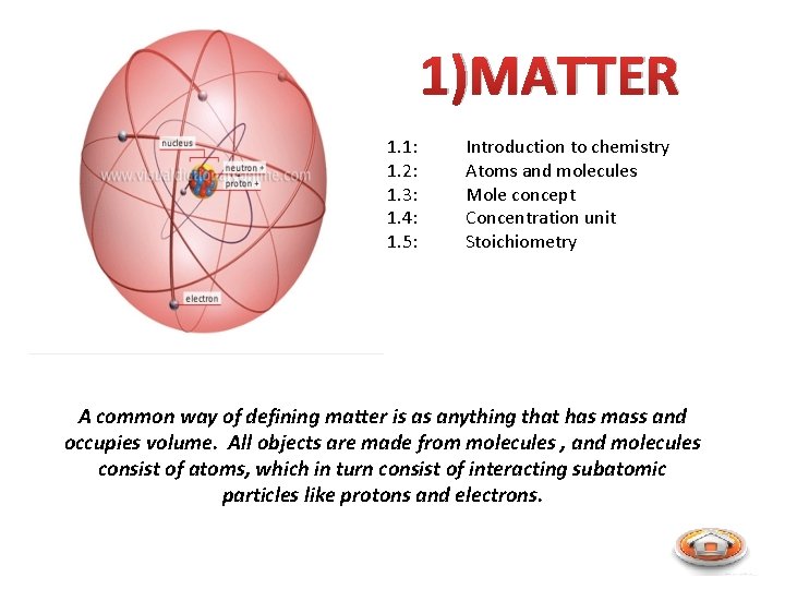 1)MATTER 1. 1: 1. 2: 1. 3: 1. 4: 1. 5: Introduction to chemistry