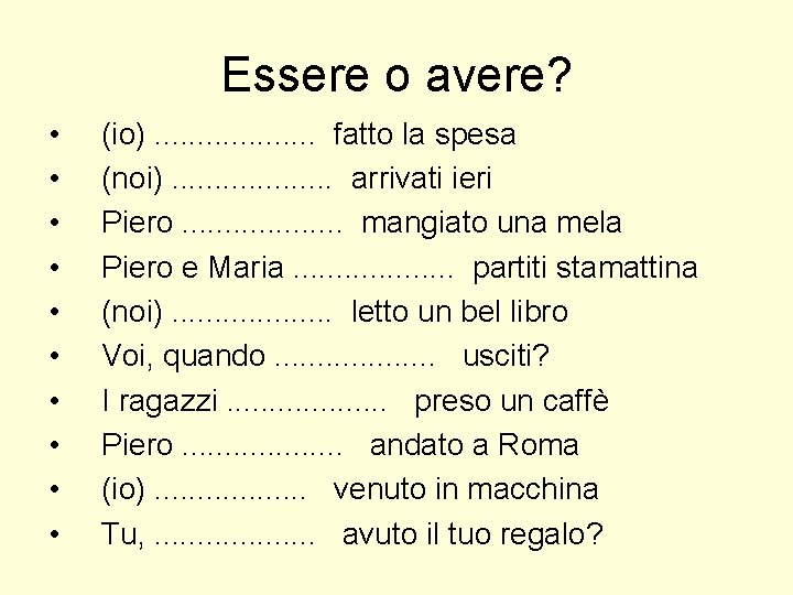 Essere o avere? • • • (io). . . . . fatto la spesa Essere o avere? • • • (io). . . . . fatto la spesa