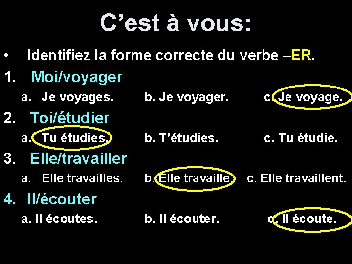 C’est à vous: • Identifiez la forme correcte du verbe –ER. 1. Moi/voyager a.