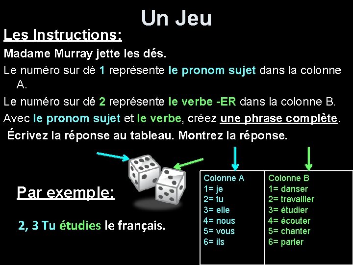 Les Instructions: Un Jeu Madame Murray jette les dés. Le numéro sur dé 1