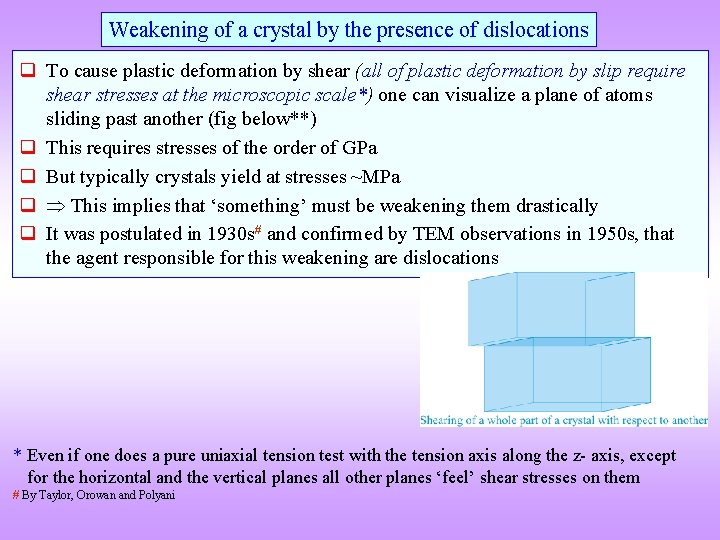 Weakening of a crystal by the presence of dislocations q To cause plastic deformation