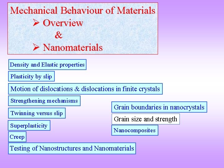 Mechanical Behaviour of Materials Overview & Nanomaterials Density and Elastic properties Plasticity by slip