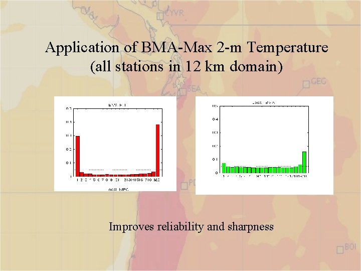 Application of BMA-Max 2 -m Temperature (all stations in 12 km domain) Improves reliability