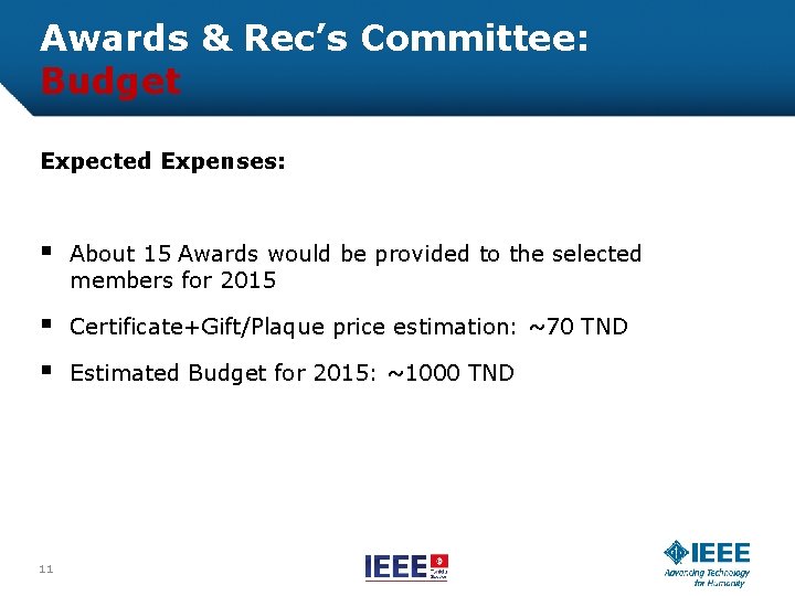 Awards & Rec’s Committee: Budget Expected Expenses: § About 15 Awards would be provided