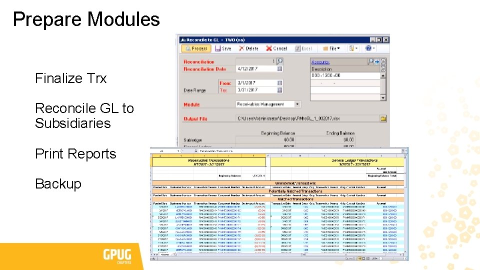 Prepare Modules Finalize Trx Reconcile GL to Subsidiaries Print Reports Backup 