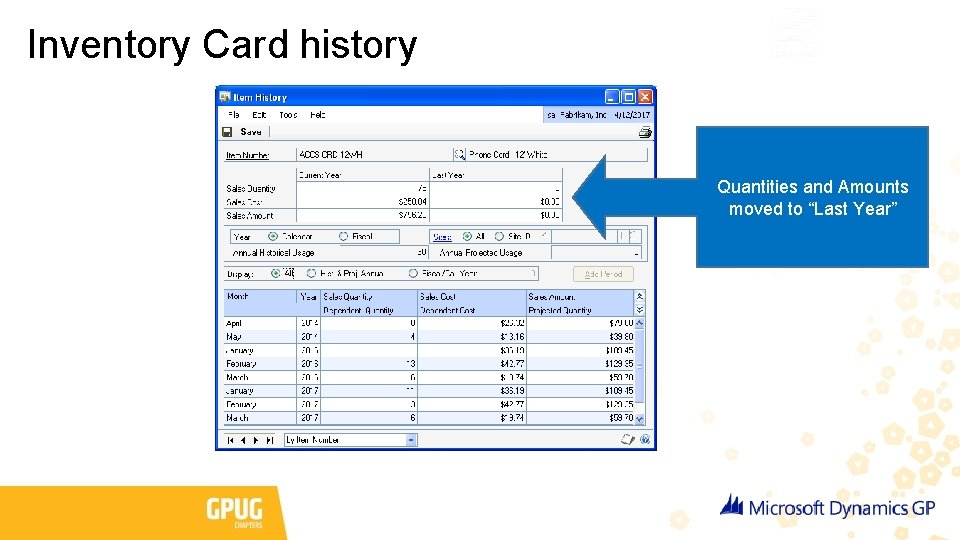 Inventory Card history Quantities and Amounts moved to “Last Year” 