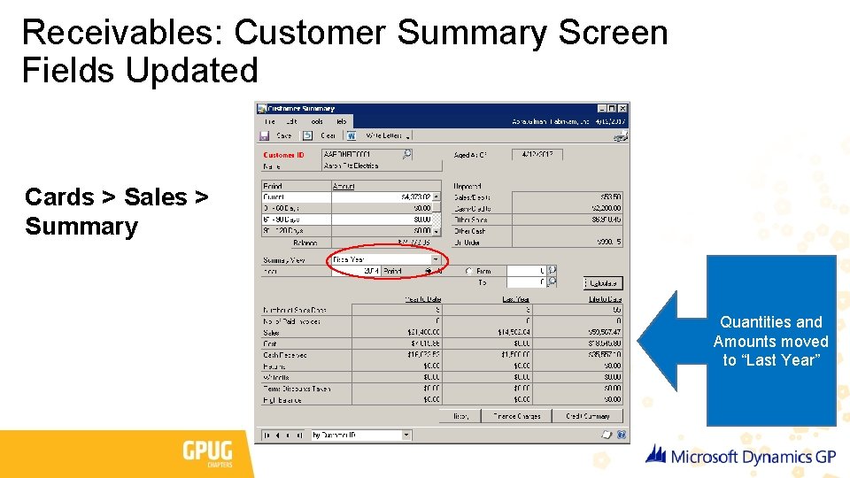 Receivables: Customer Summary Screen Fields Updated Cards > Sales > Summary Quantities and Amounts