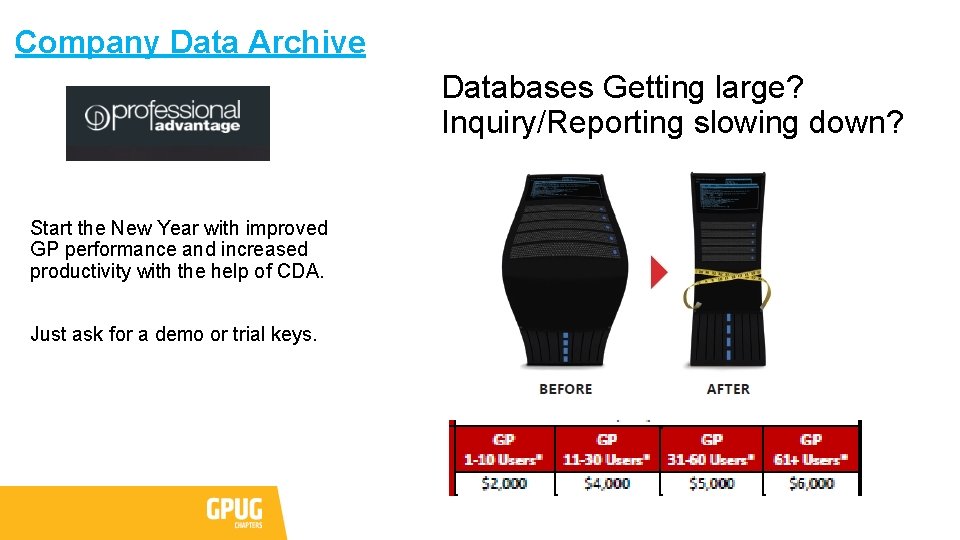 Company Data Archive Databases Getting large? Inquiry/Reporting slowing down? Start the New Year with