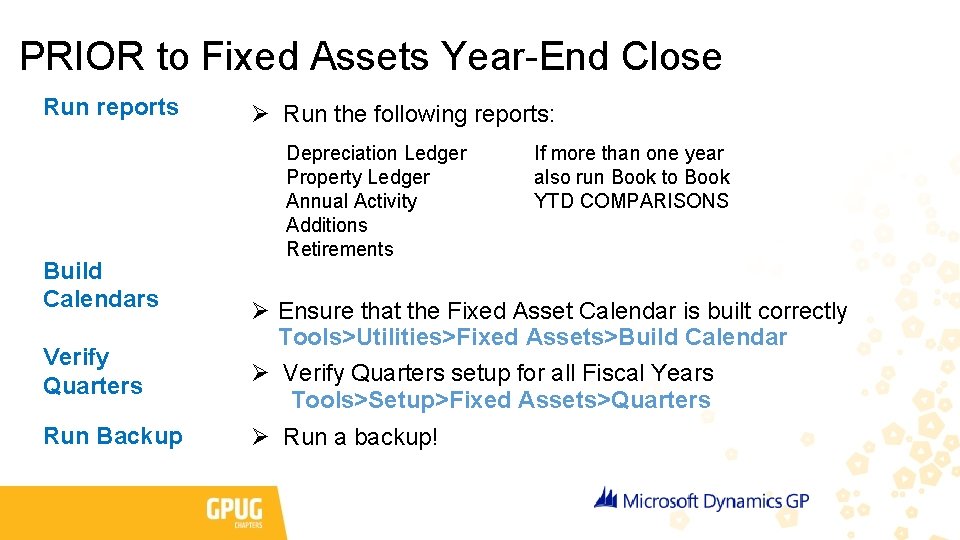 PRIOR to Fixed Assets Year-End Close Run reports Build Calendars Verify Quarters Run Backup