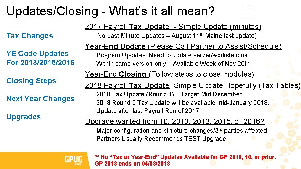 Updates/Closing - What’s it all mean? 2017 Payroll Tax Update - Simple Update (minutes)