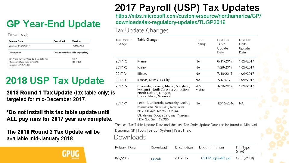 2017 Payroll (USP) Tax Updates GP Year-End Update 2018 USP Tax Update 2018 Round