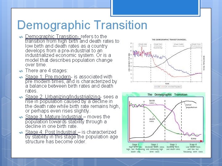 Demographic Transition Demographic Transition- refers to the transition from high birth and death rates