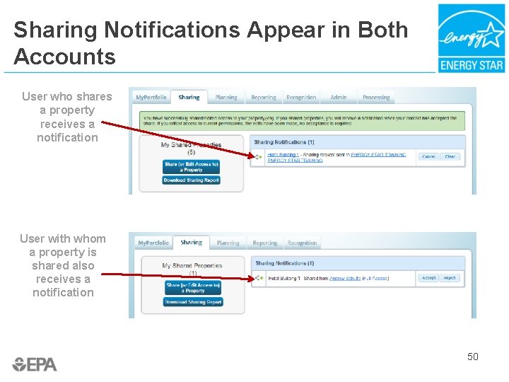 Sharing Notifications Appear in Both Accounts User who shares a property receives a notification