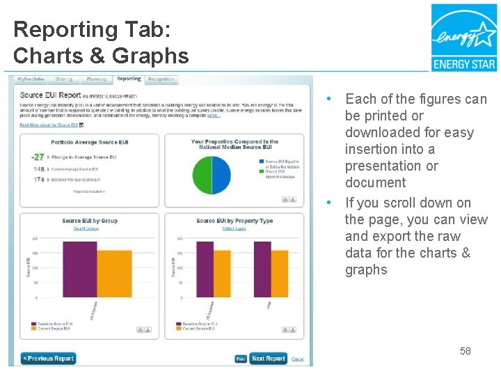 Reporting Tab: Charts & Graphs • Each of the figures can be printed or