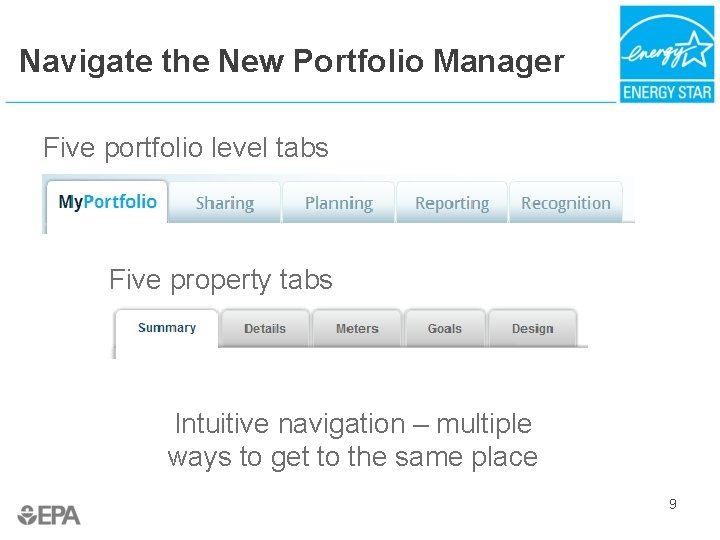 Navigate the New Portfolio Manager Five portfolio level tabs Five property tabs Intuitive navigation