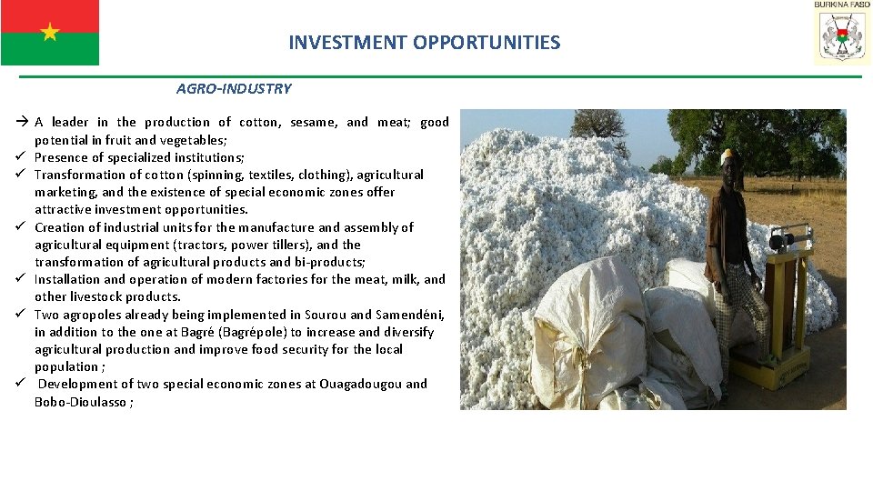 INVESTMENT OPPORTUNITIES AGRO-INDUSTRY A leader in the production of cotton, sesame, and meat; good