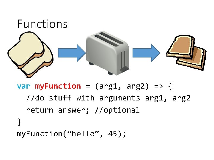 Functions var my. Function = (arg 1, arg 2) => { //do stuff with