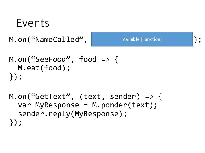 Events (Function) M. on(“Name. Called”, () => {Variable M. say. Hello(); }); M. on(“See.