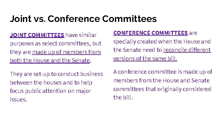 Joint vs. Conference Committees JOINT COMMITTEES have similar purposes as select committees, but they