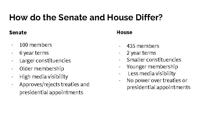 How do the Senate and House Differ? Senate - 100 members 6 year terms