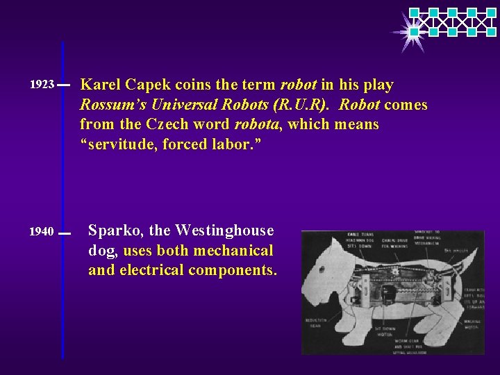 1923 1940 Karel Capek coins the term robot in his play Rossum’s Universal Robots